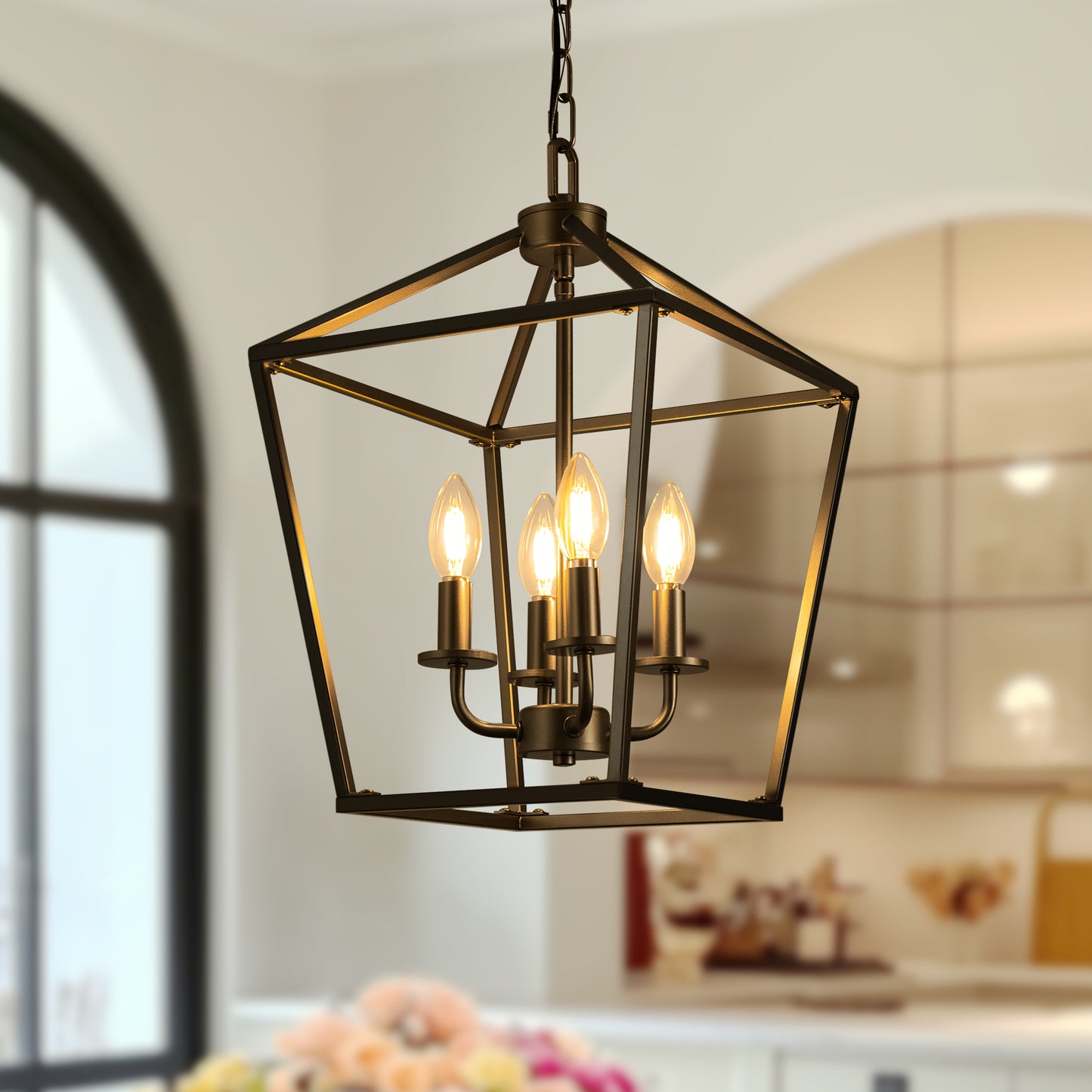 8 in. 4-Light Black Geometric Open Cage Pendant Light, Chandelier for Dining Room, House Foyer