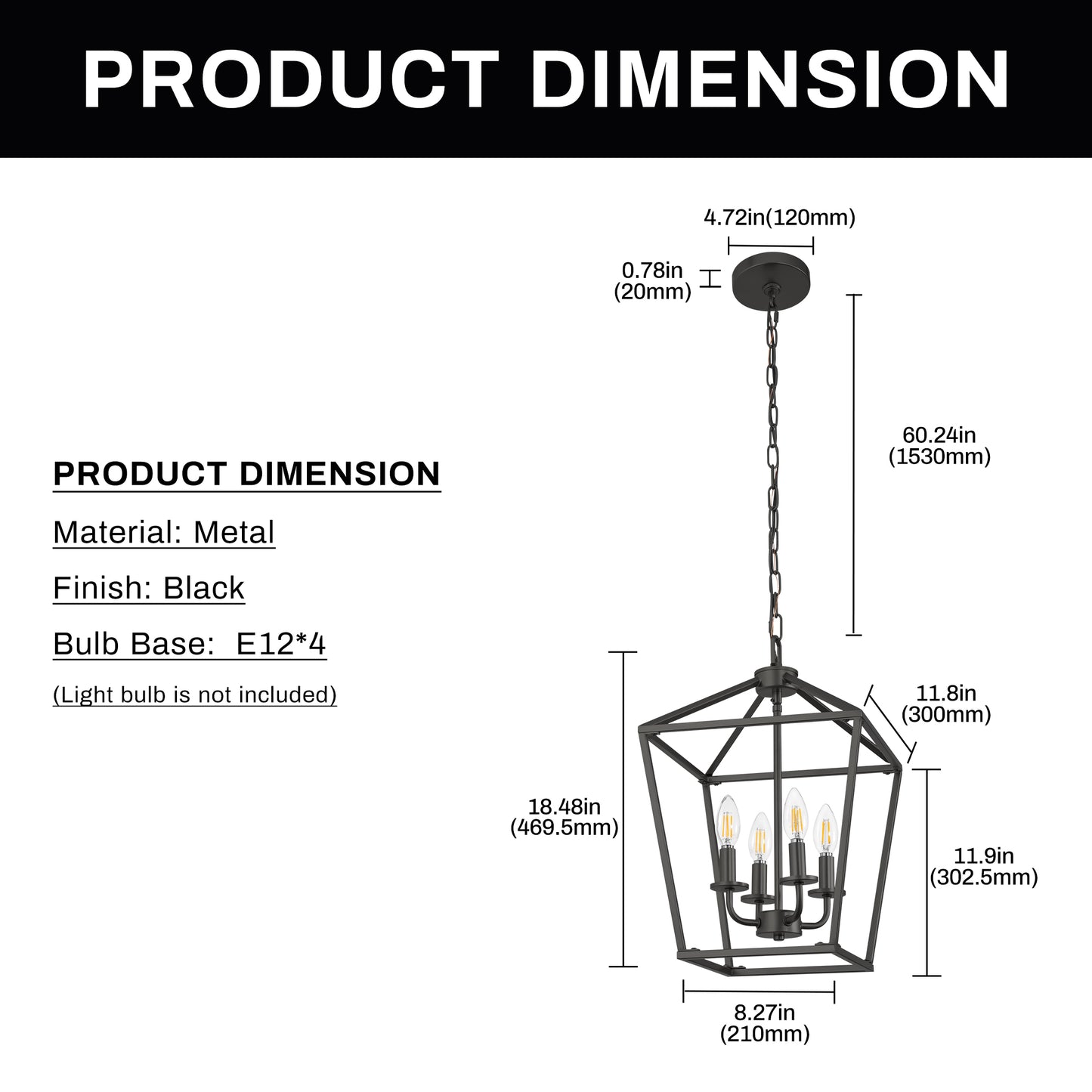 8 in. 4-Light Black Geometric Open Cage Pendant Light, Chandelier for Dining Room, House Foyer