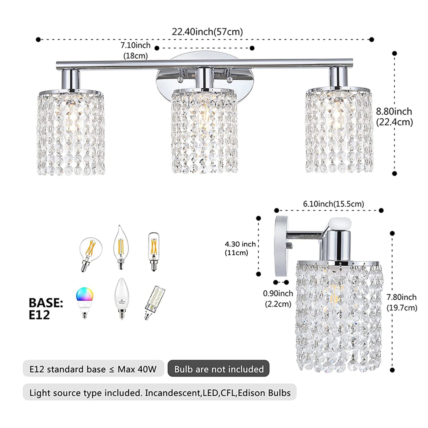 Crystal Bathroom Light fixtures Or 3 Light Wall Sconces Matte Black Round Base with Modern Style Crystal Pendant (Sliver)