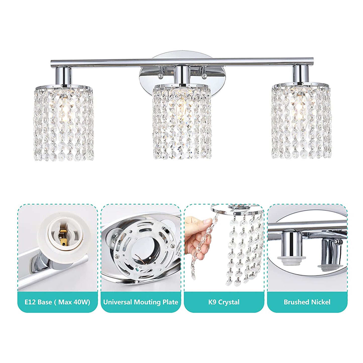 Crystal Bathroom Light fixtures Or 3 Light Wall Sconces Matte Black Round Base with Modern Style Crystal Pendant (Sliver)