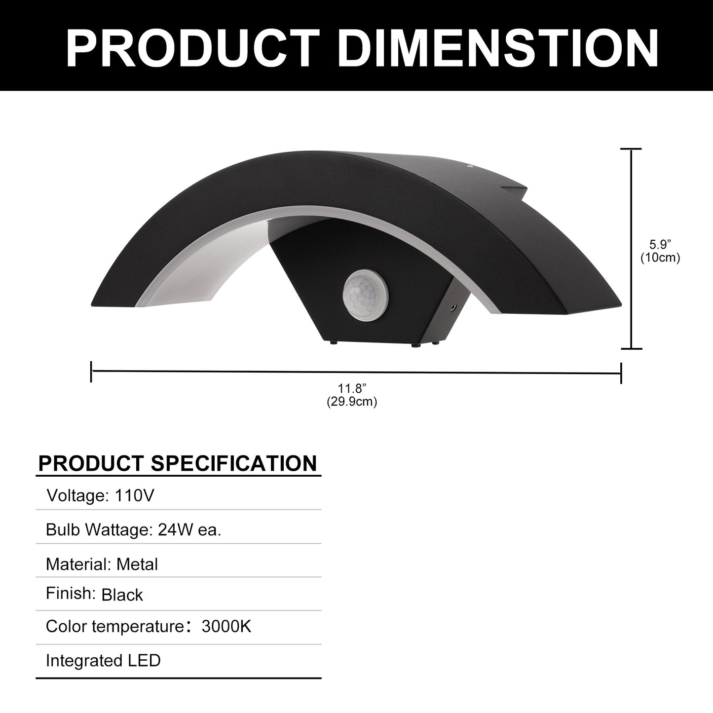 YANSUN 1-Light Black Arc Modern Motion Sensing Dusk-to-Dawn Indoor/Outdoor 18W Integrated LED Wall Lantern