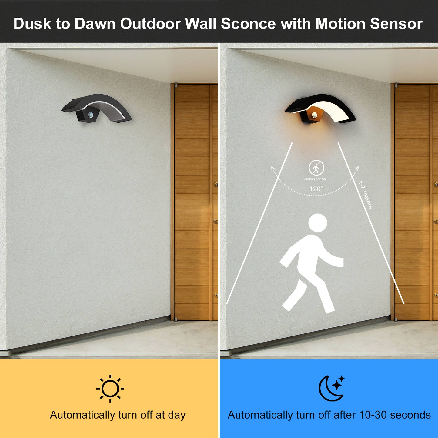 YANSUN 1-Light Black Arc Modern Motion Sensing Dusk-to-Dawn Indoor/Outdoor 18W Integrated LED Wall Lantern