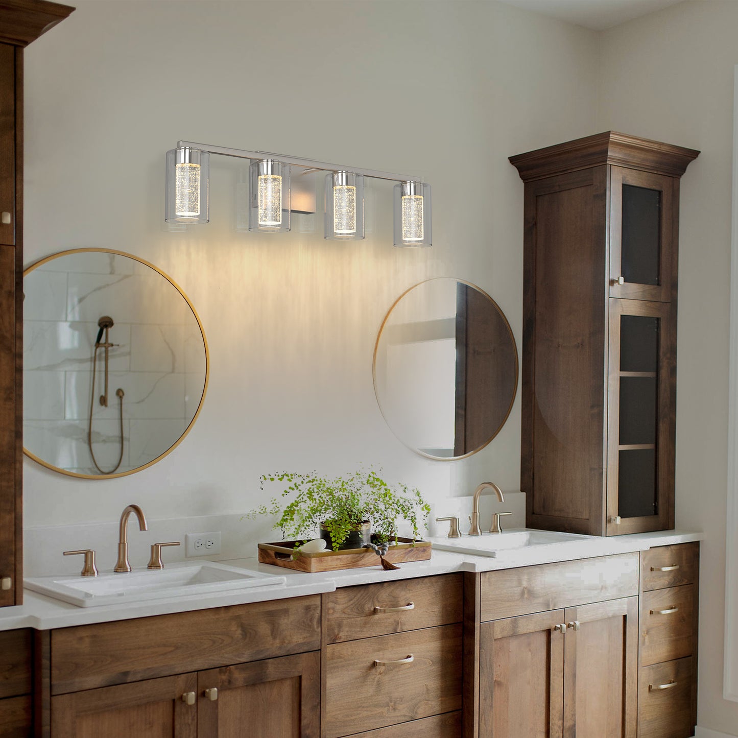 26 in. 28-Watt 4-Light Brushed Nickel Crystal LED Integrated Vanity Light for Bathroom, 3000/4000/6000K Adjustable