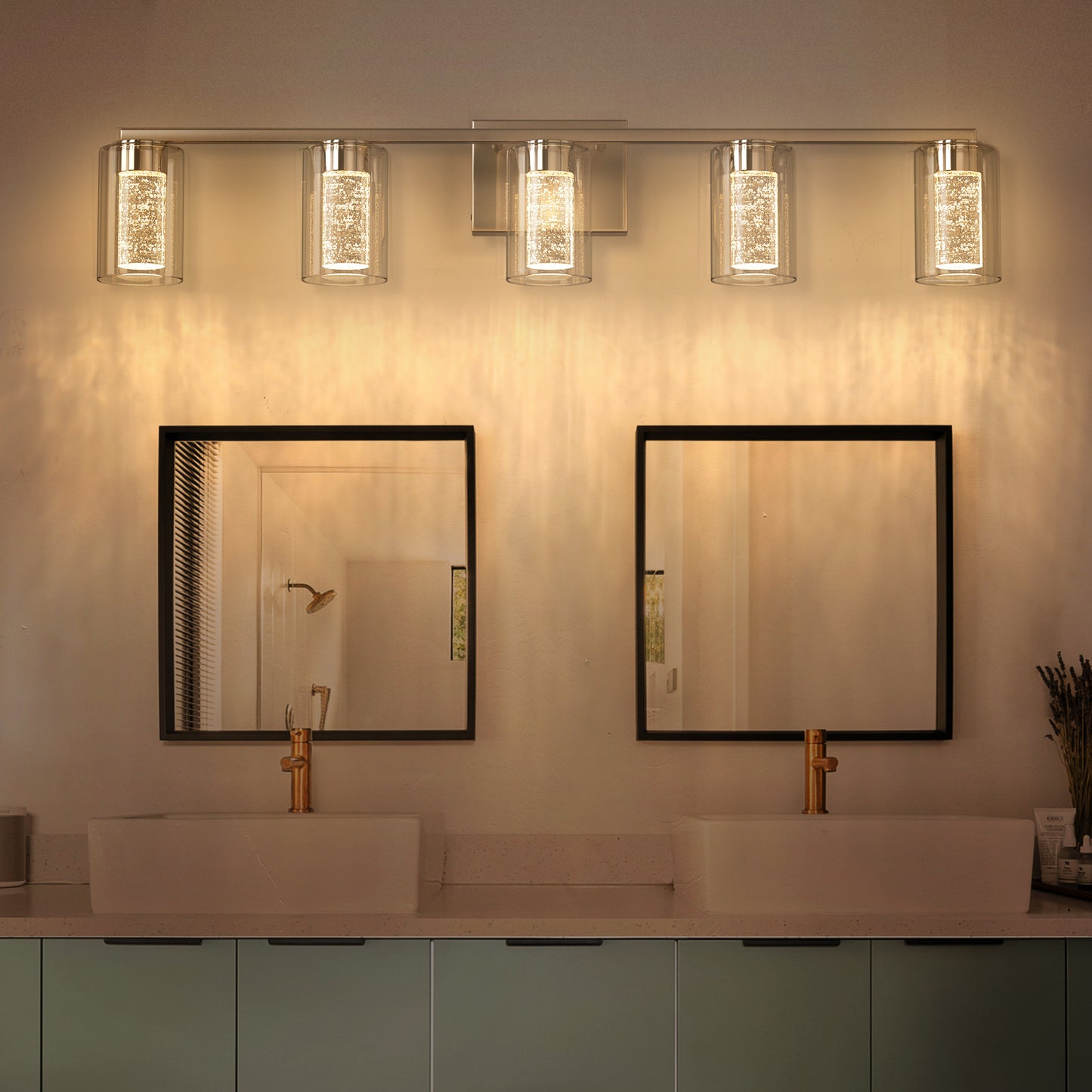 33 in. 35-Watt 5-Light Brushed Nickel Crystal LED Integrated Vanity Light for Bathroom, 3000/4000/6000K Adjustable