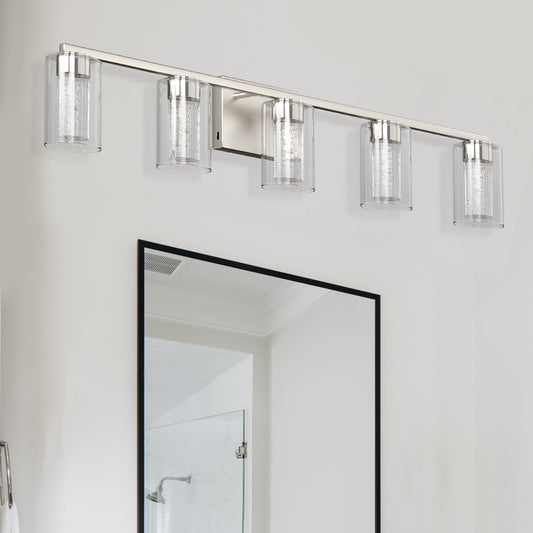 33 in. 35-Watt 5-Light Brushed Nickel Crystal LED Integrated Vanity Light for Bathroom, 3000/4000/6000K Adjustable