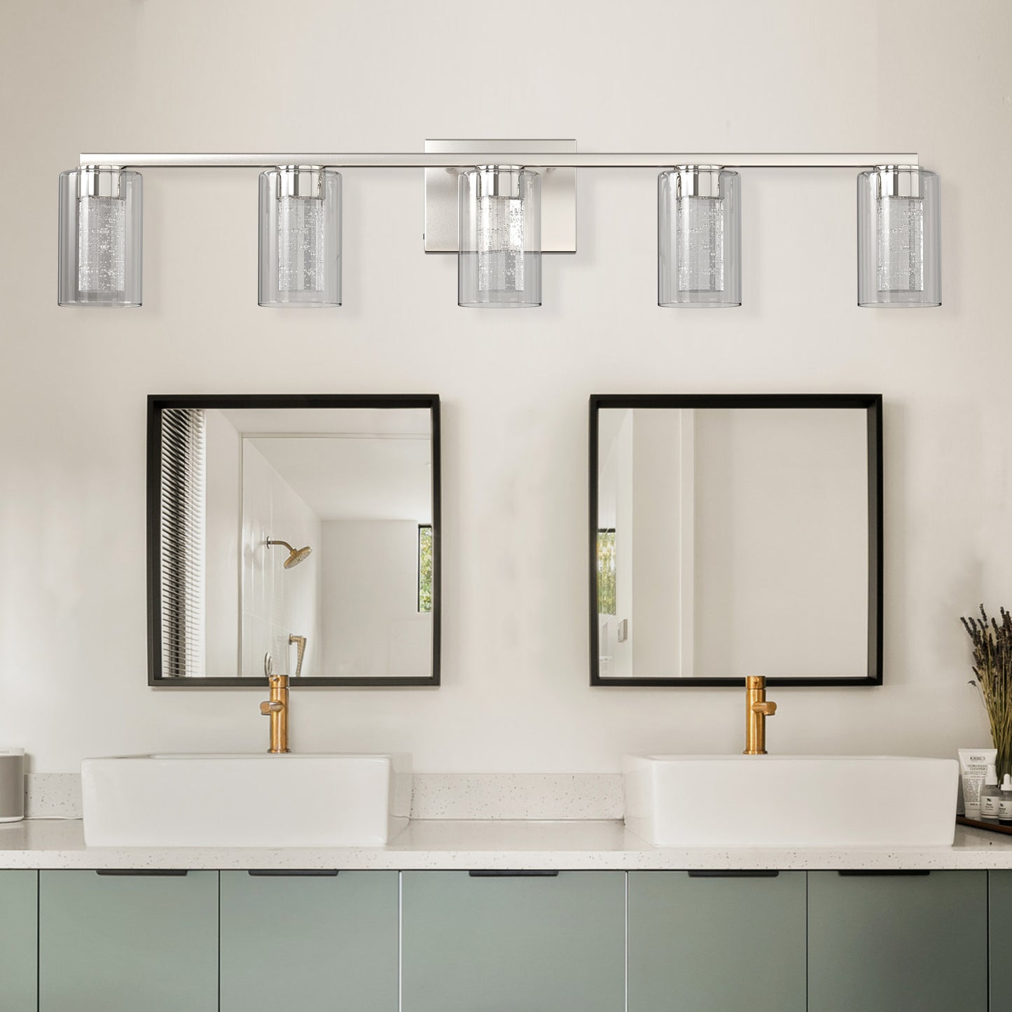33 in. 35-Watt 5-Light Brushed Nickel Crystal LED Integrated Vanity Light for Bathroom, 3000/4000/6000K Adjustable