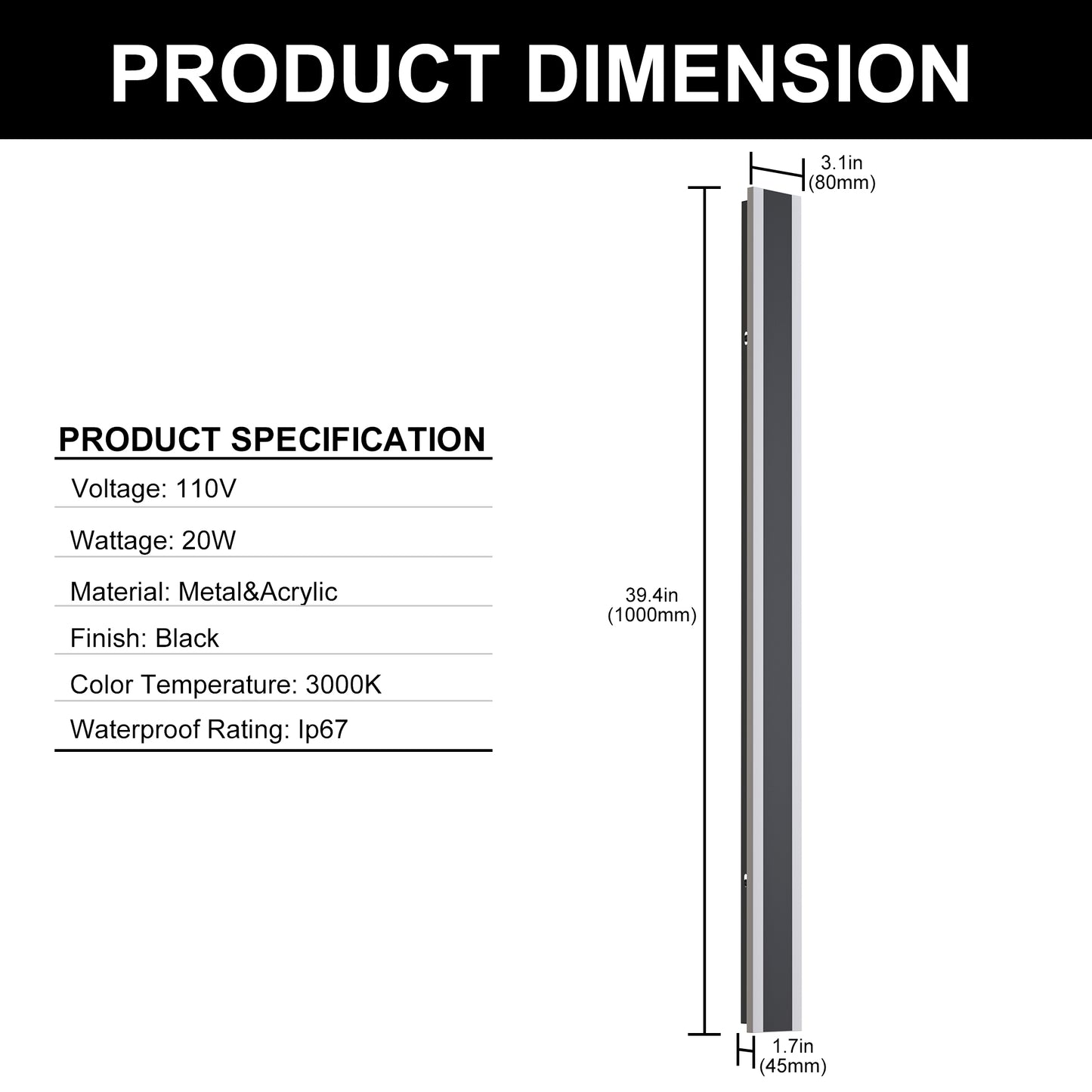 YANSUN 1-Light Black Modern Integrated LED Outdoor Wall Light Waterproof Porch Light Wall Lantern Sconce, 3000K Warm White