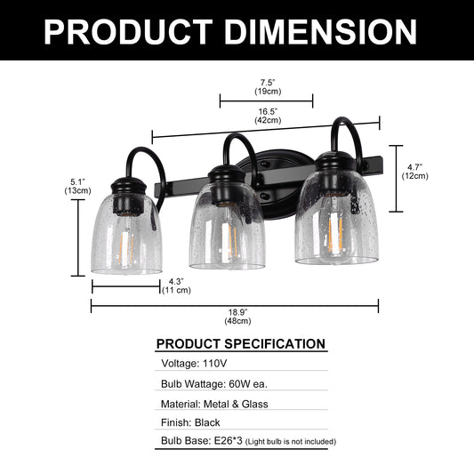 18.89 in. 3-Light Matte Black Modern Bathroom Vanity Light Mirror Wall Light with Black Accents and Seeded Glass Shade