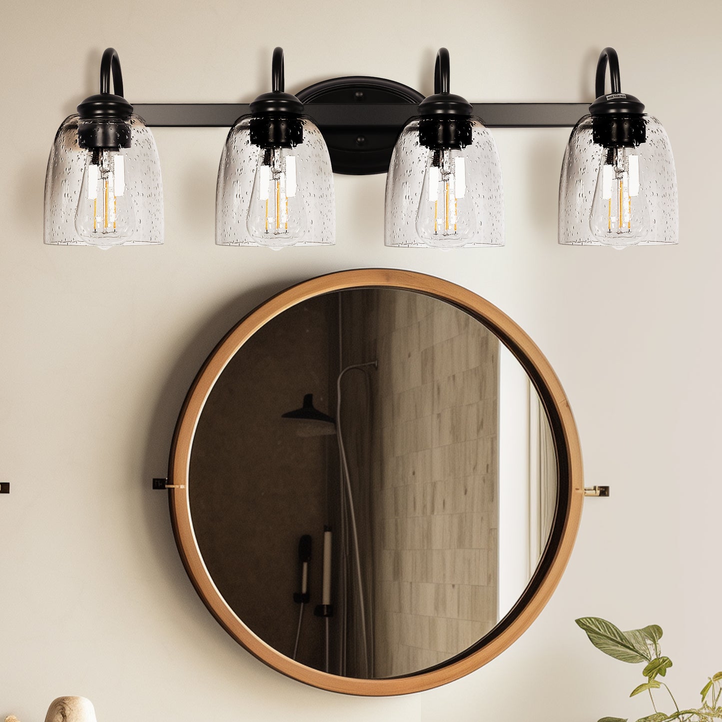 25.2 in. 4-Light Matte Black Modern Bathroom Vanity Light Mirror Wall Light with Black Accents and Seeded Glass Shade