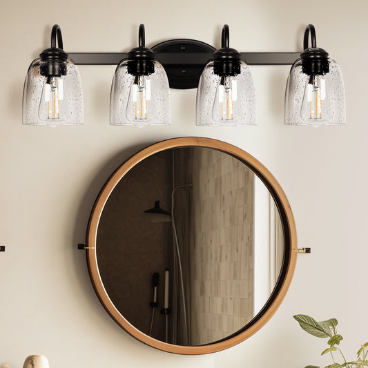 25.2 in. 4-Light Matte Black Modern Bathroom Vanity Light Mirror Wall Light with Black Accents and Seeded Glass Shade
