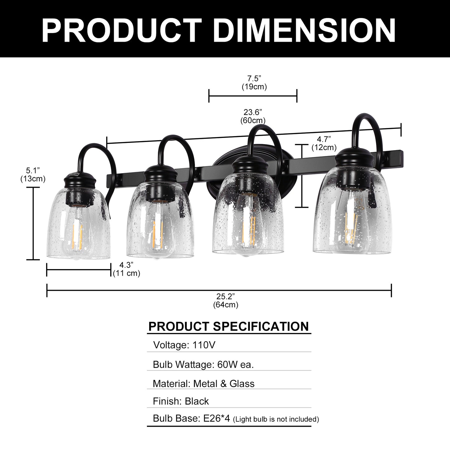 25.2 in. 4-Light Matte Black Modern Bathroom Vanity Light Mirror Wall Light with Black Accents and Seeded Glass Shade