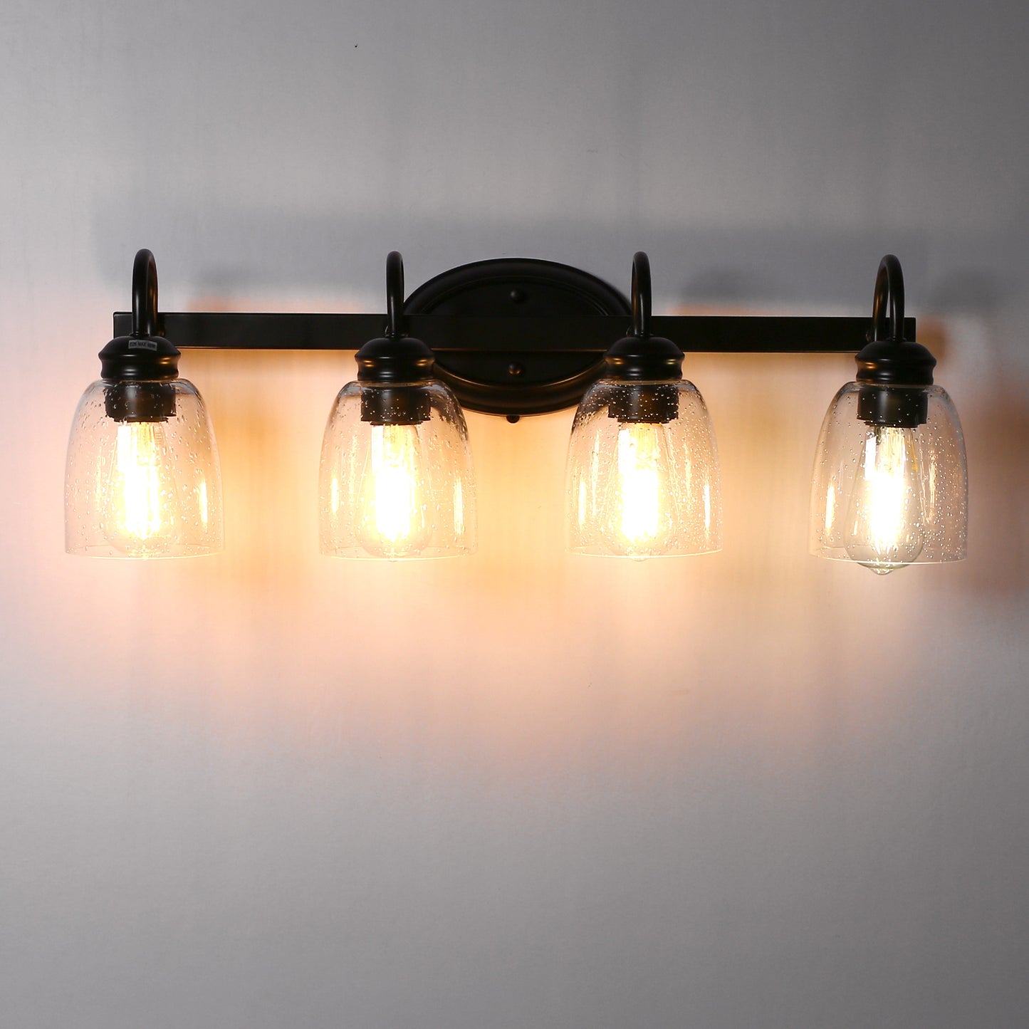 25.2 in. 4-Light Matte Black Modern Bathroom Vanity Light Mirror Wall Light with Black Accents and Seeded Glass Shade
