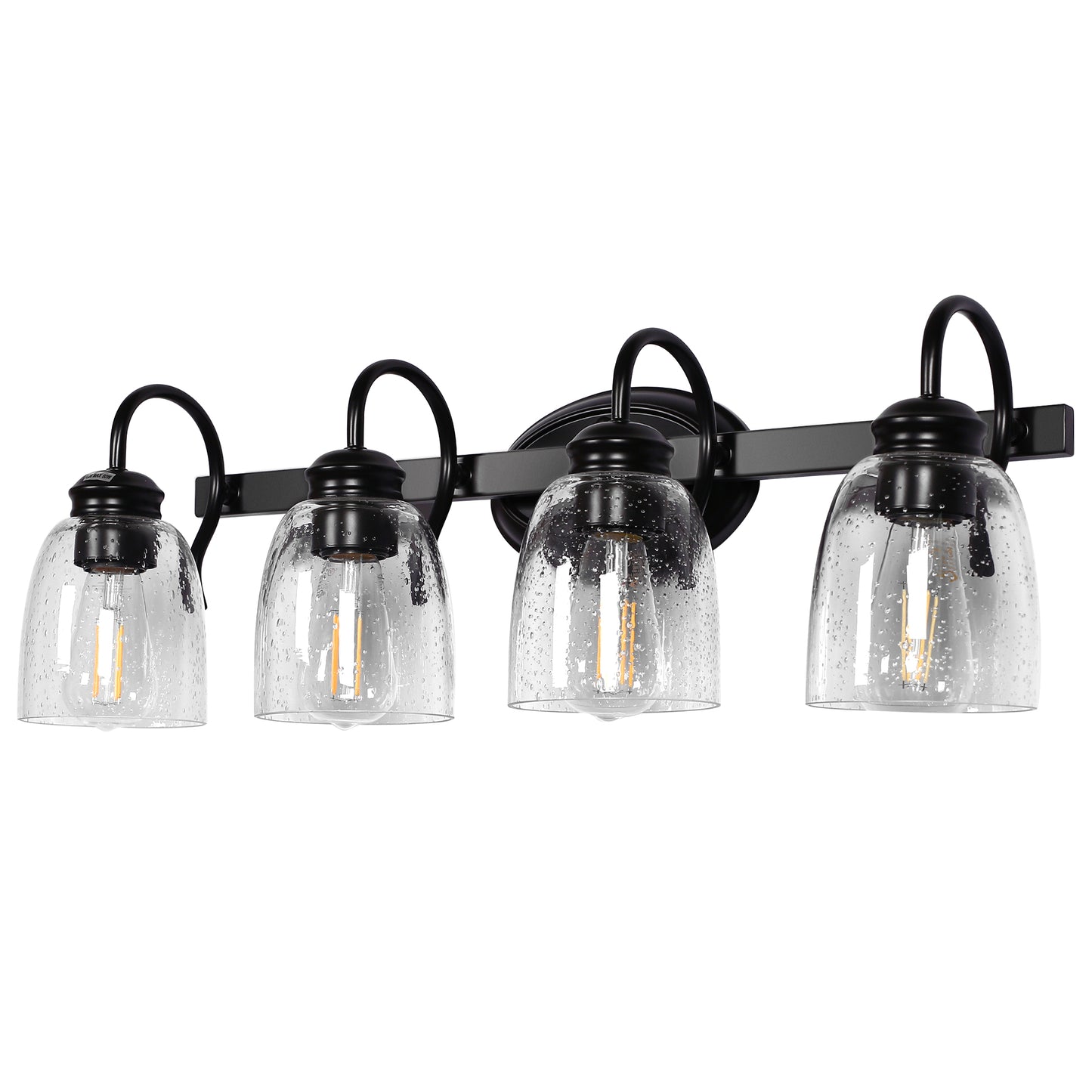 25.2 in. 4-Light Matte Black Modern Bathroom Vanity Light Mirror Wall Light with Black Accents and Seeded Glass Shade