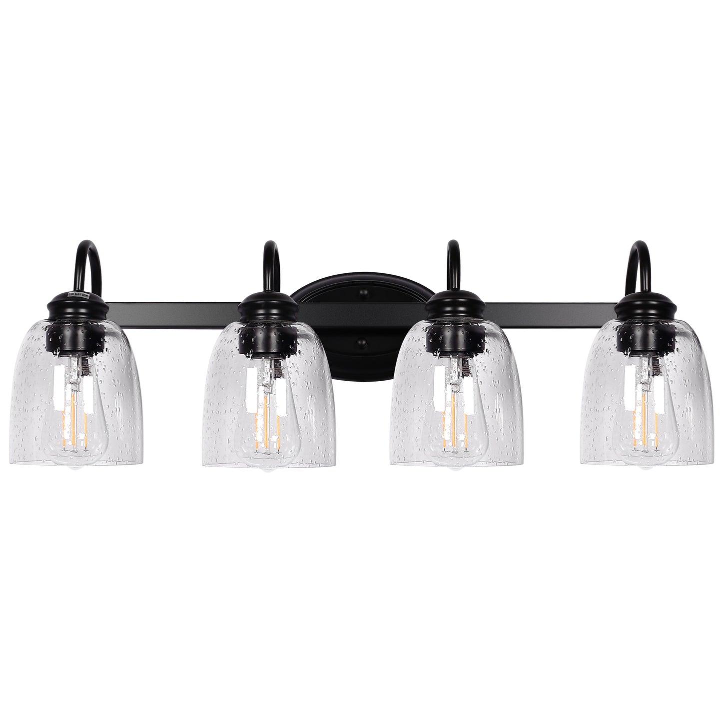 25.2 in. 4-Light Matte Black Modern Bathroom Vanity Light Mirror Wall Light with Black Accents and Seeded Glass Shade