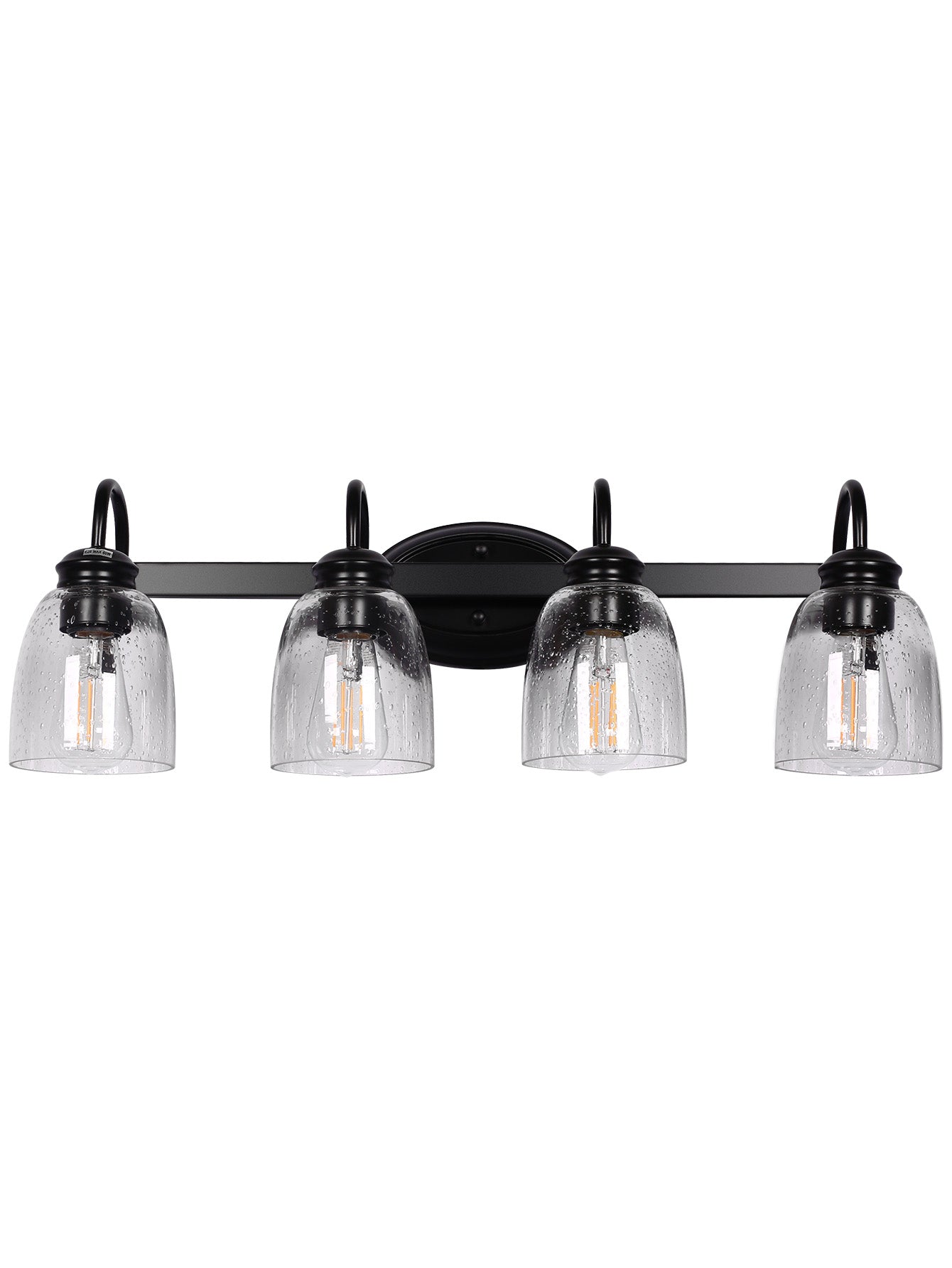 25.2 in. 4-Light Matte Black Modern Bathroom Vanity Light Mirror Wall Light with Black Accents and Seeded Glass Shade