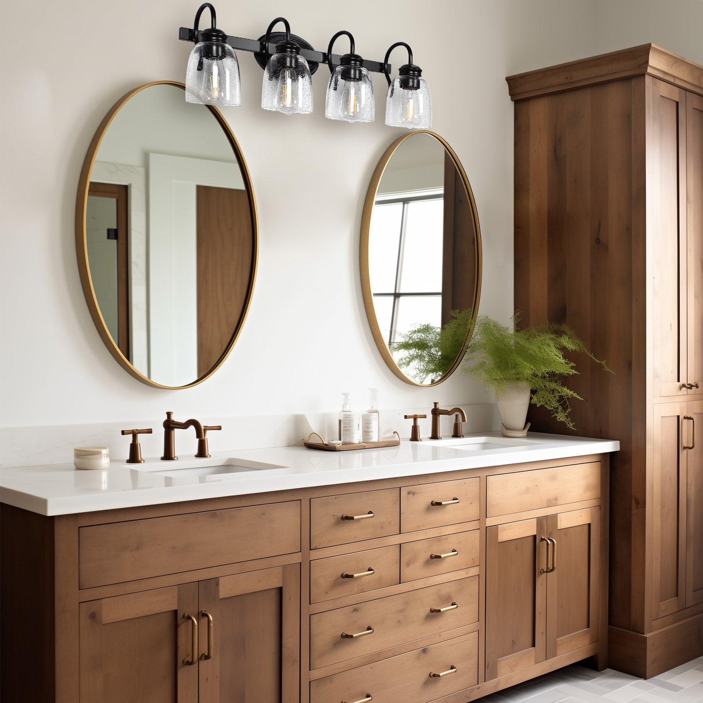 25.2 in. 4-Light Matte Black Modern Bathroom Vanity Light Mirror Wall Light with Black Accents and Seeded Glass Shade