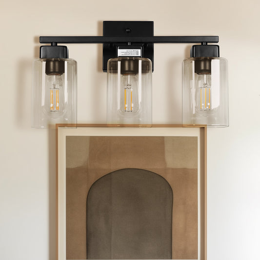 3-Light Matte Black Modern Vanity Light with Square Clear Glass Shade, Wall Lighting Fixtures for Bathroom