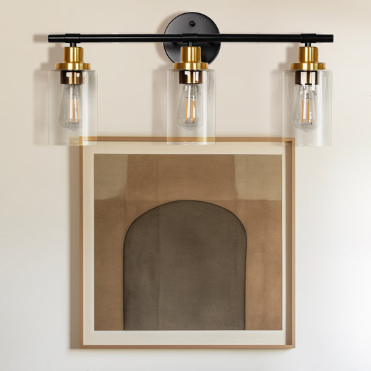 22.64 in. 3-Light Matte Black Modern Bathroom Vanity Light with Clear Glass Shade and Gold Socket