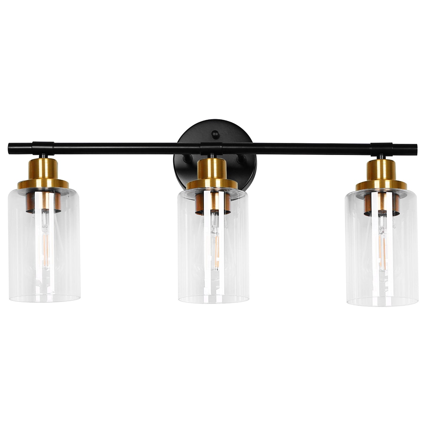 22.64 in. 3-Light Matte Black Modern Bathroom Vanity Light with Clear Glass Shade and Gold Socket