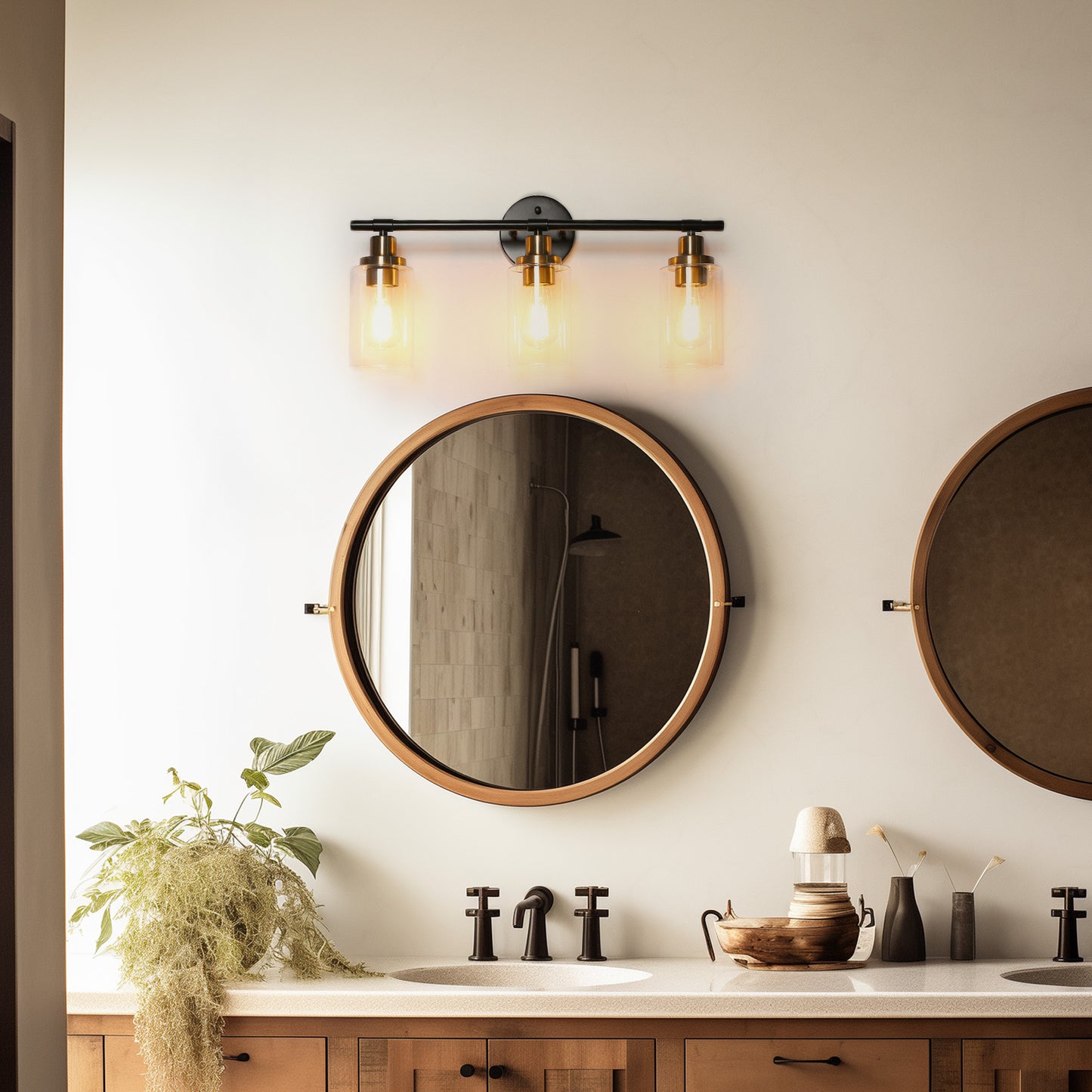 22.64 in. 3-Light Matte Black Modern Bathroom Vanity Light with Clear Glass Shade and Gold Socket