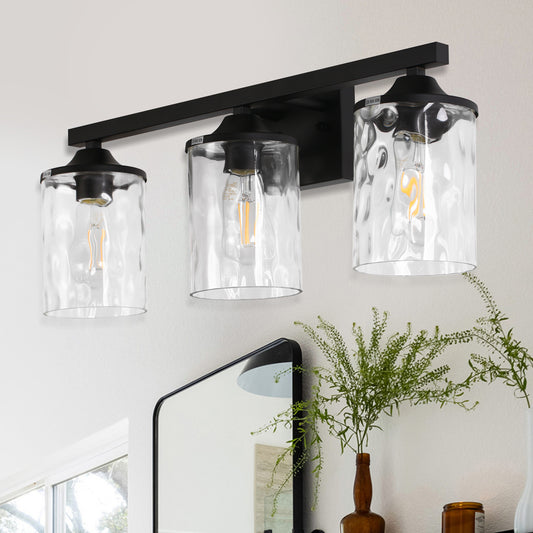23.2 in. 3-Light Matte Black Linear Classic Modern Bathroom Vanity Light Wall Light with Clear Hammered Glass Shades