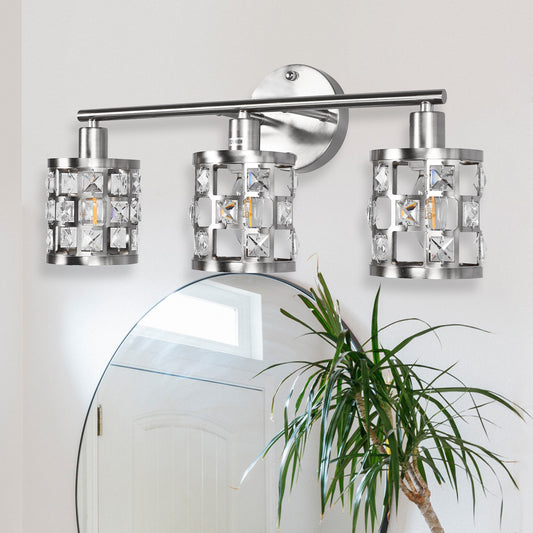 19.88 in. 3-Light Brushed Nickel Modern Industrial Bathroom Vanity Light Over Mirror with Crystal Shade