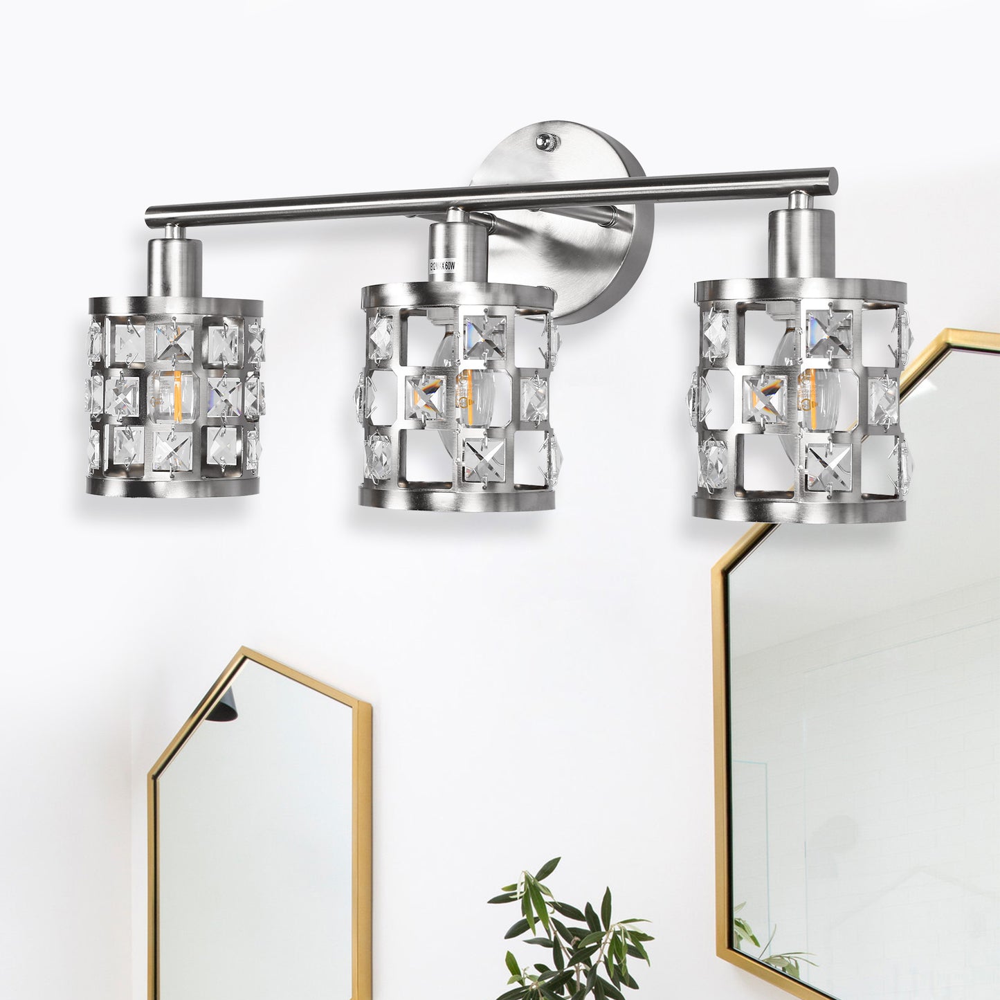 19.88 in. 3-Light Brushed Nickel Modern Industrial Bathroom Vanity Light Over Mirror with Crystal Shade