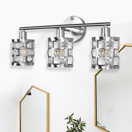 19.88 in. 3-Light Brushed Nickel Modern Industrial Bathroom Vanity Light Over Mirror with Crystal Shade