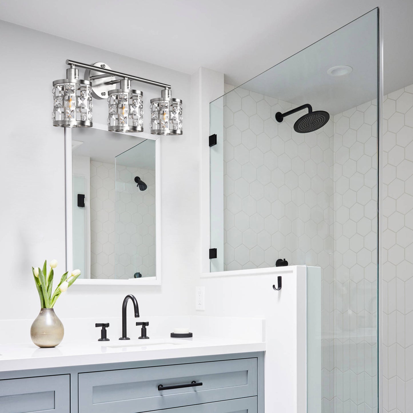 19.88 in. 3-Light Brushed Nickel Modern Industrial Bathroom Vanity Light Over Mirror with Crystal Shade