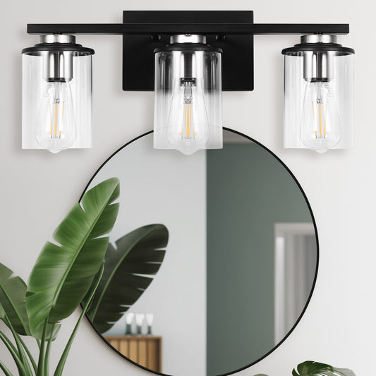 18.5 in. 3-Light Black and Brushed Nickel Vanity Light with Clear Glass Shade for Bathroom