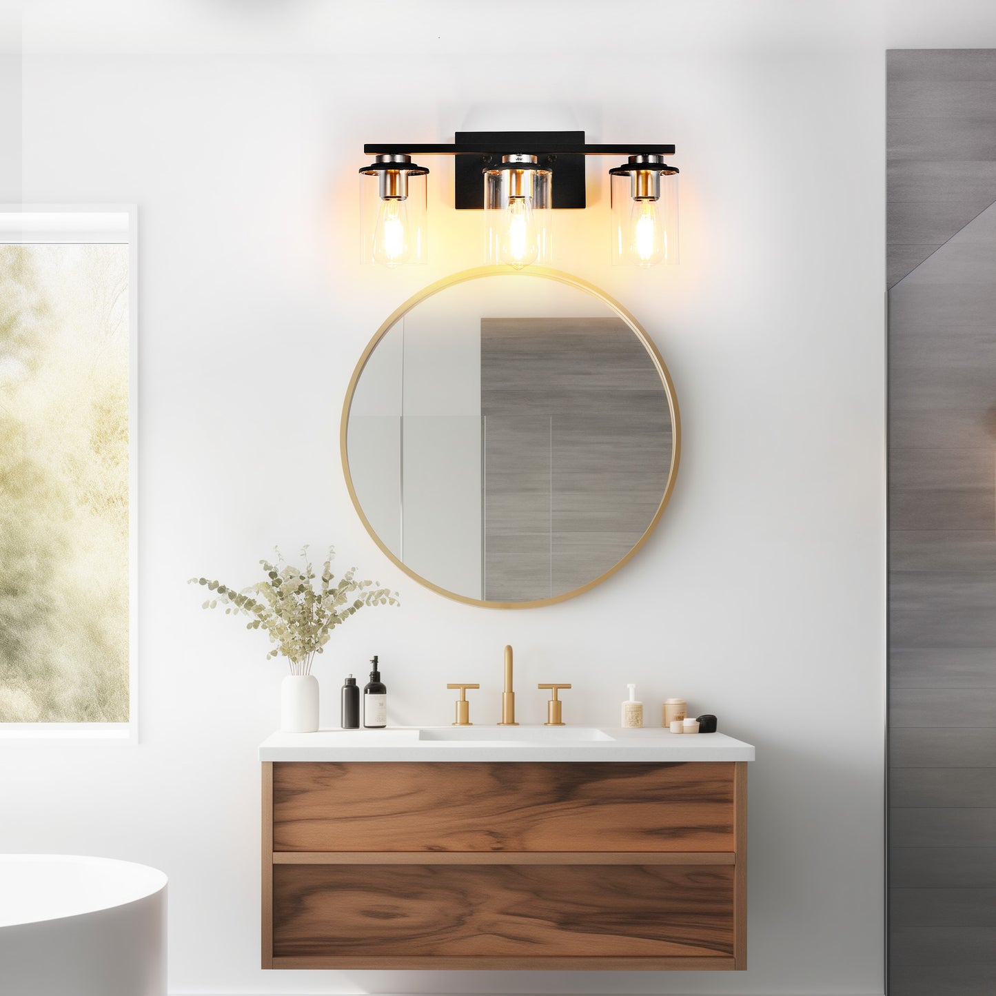 18.5 in. 3-Light Black and Brushed Nickel Vanity Light with Clear Glass Shade for Bathroom