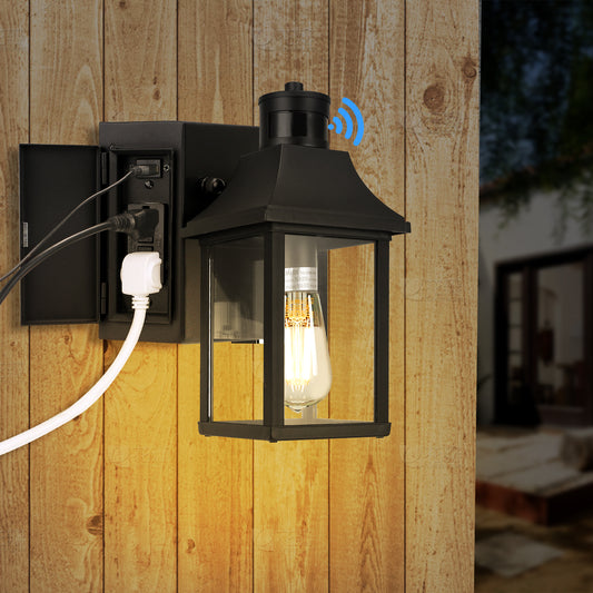 1-Light Black Dusk to Dawn Motion Sensor Outdoor Wall Lantern Sconce with Clear Glass and Built-In GFCI and USB Outlets