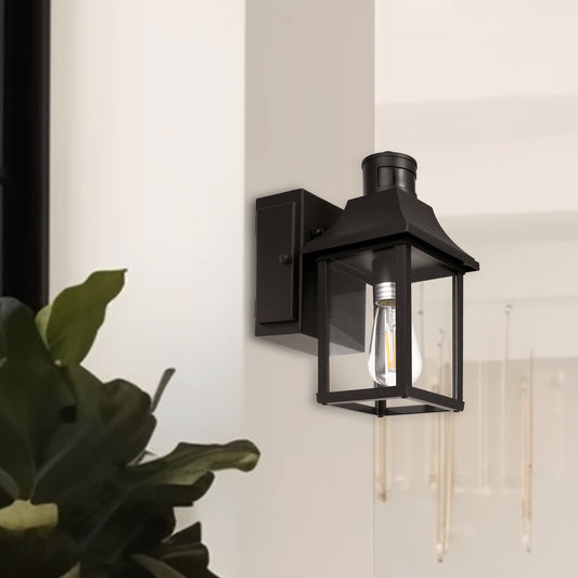 1-Light Black Dusk to Dawn Motion Sensor Outdoor Wall Lantern Sconce with Clear Glass and Built-In GFCI and USB Outlets