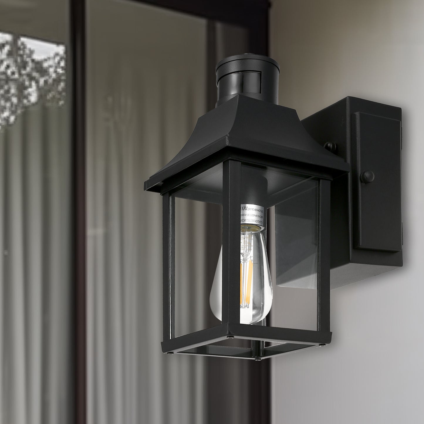 1-Light Black Dusk to Dawn Motion Sensor Outdoor Wall Lantern Sconce with Clear Glass and Built-In GFCI and USB Outlets