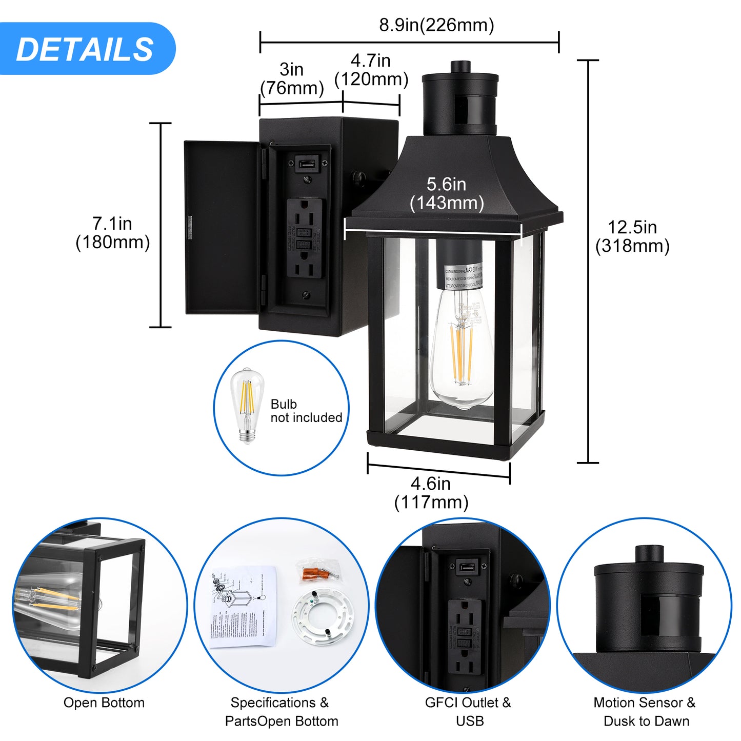 1-Light Black Dusk to Dawn Motion Sensor Outdoor Wall Lantern Sconce with Clear Glass and Built-In GFCI and USB Outlets