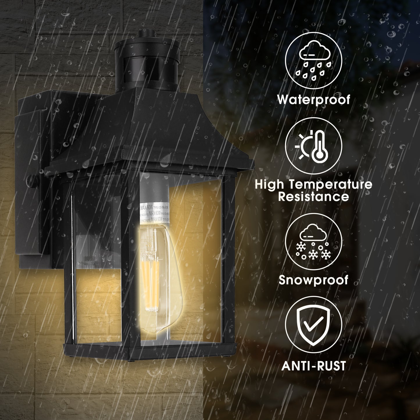1-Light Black Dusk to Dawn Motion Sensor Outdoor Wall Lantern Sconce with Clear Glass and Built-In GFCI and USB Outlets