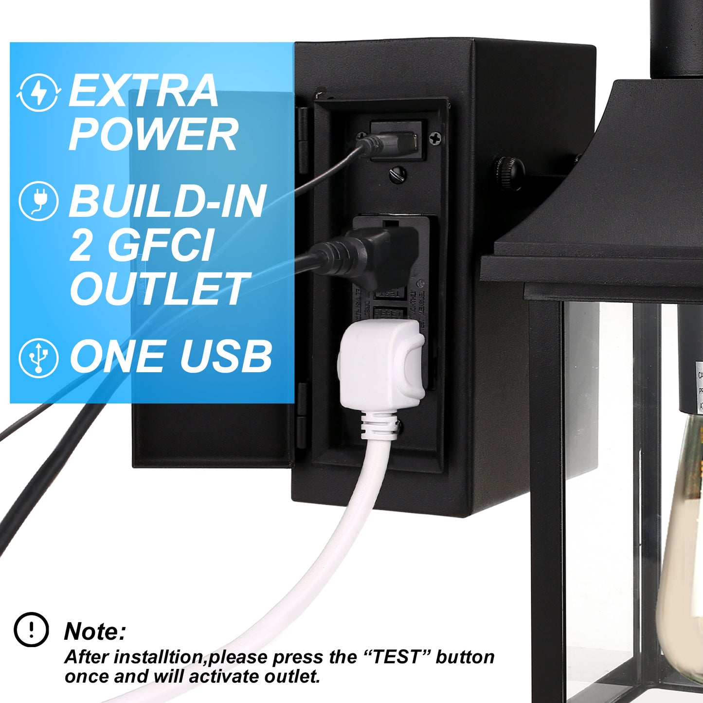1-Light Black Dusk to Dawn Motion Sensor Outdoor Wall Lantern Sconce with Clear Glass and Built-In GFCI and USB Outlets