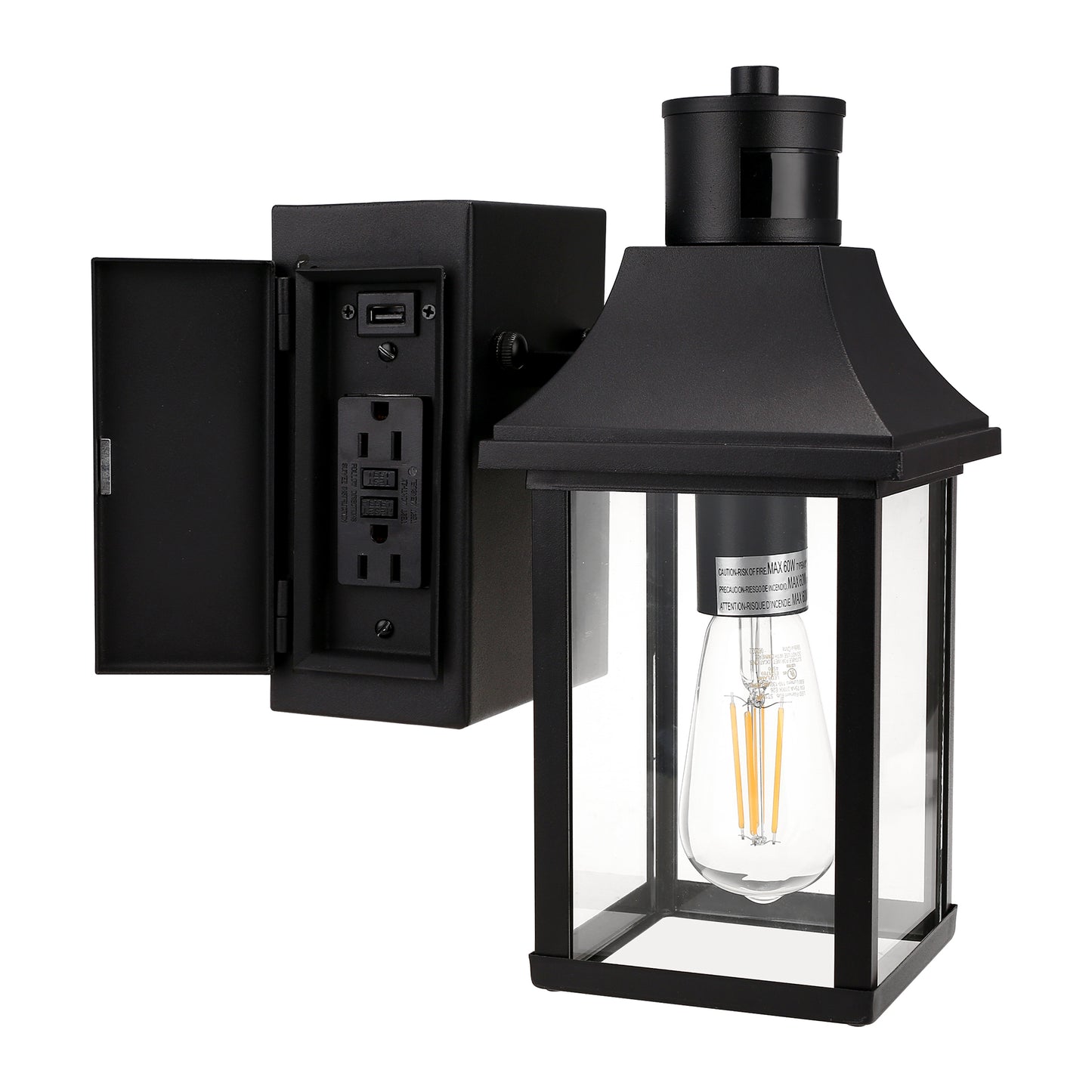 1-Light Black Dusk to Dawn Motion Sensor Outdoor Wall Lantern Sconce with Clear Glass and Built-In GFCI and USB Outlets