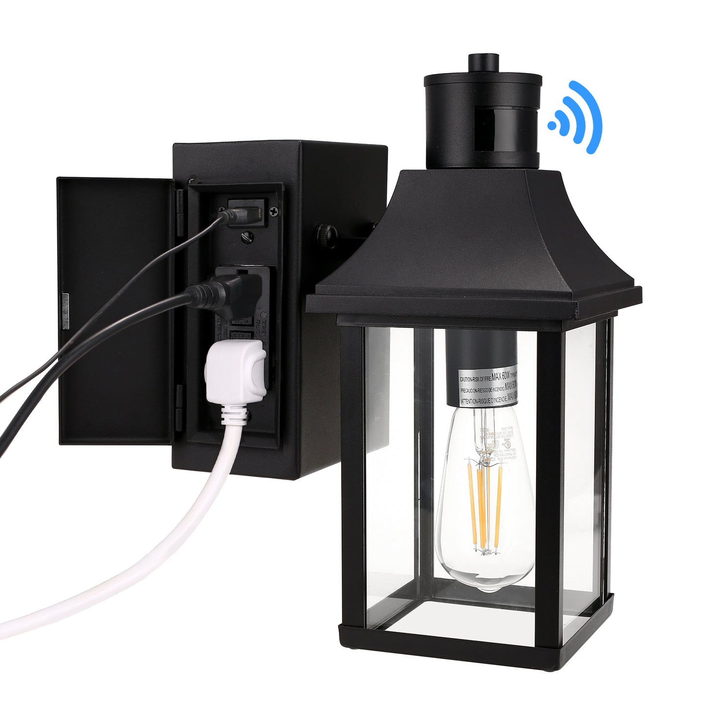 1-Light Black Dusk to Dawn Motion Sensor Outdoor Wall Lantern Sconce with Clear Glass and Built-In GFCI and USB Outlets