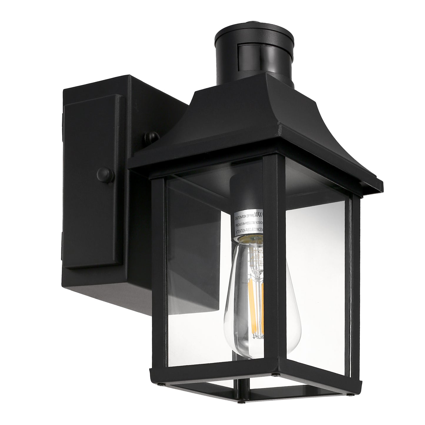 1-Light Black Dusk to Dawn Motion Sensor Outdoor Wall Lantern Sconce with Clear Glass and Built-In GFCI and USB Outlets