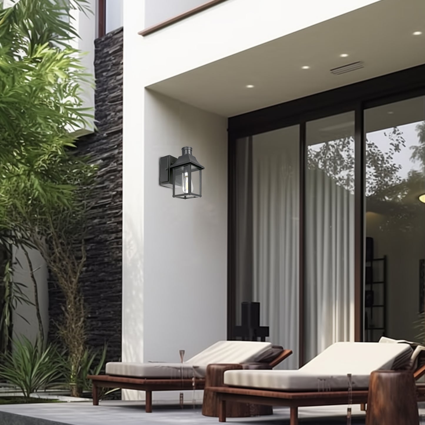 1-Light Black Dusk to Dawn Motion Sensor Outdoor Wall Lantern Sconce with Clear Glass and Built-In GFCI and USB Outlets