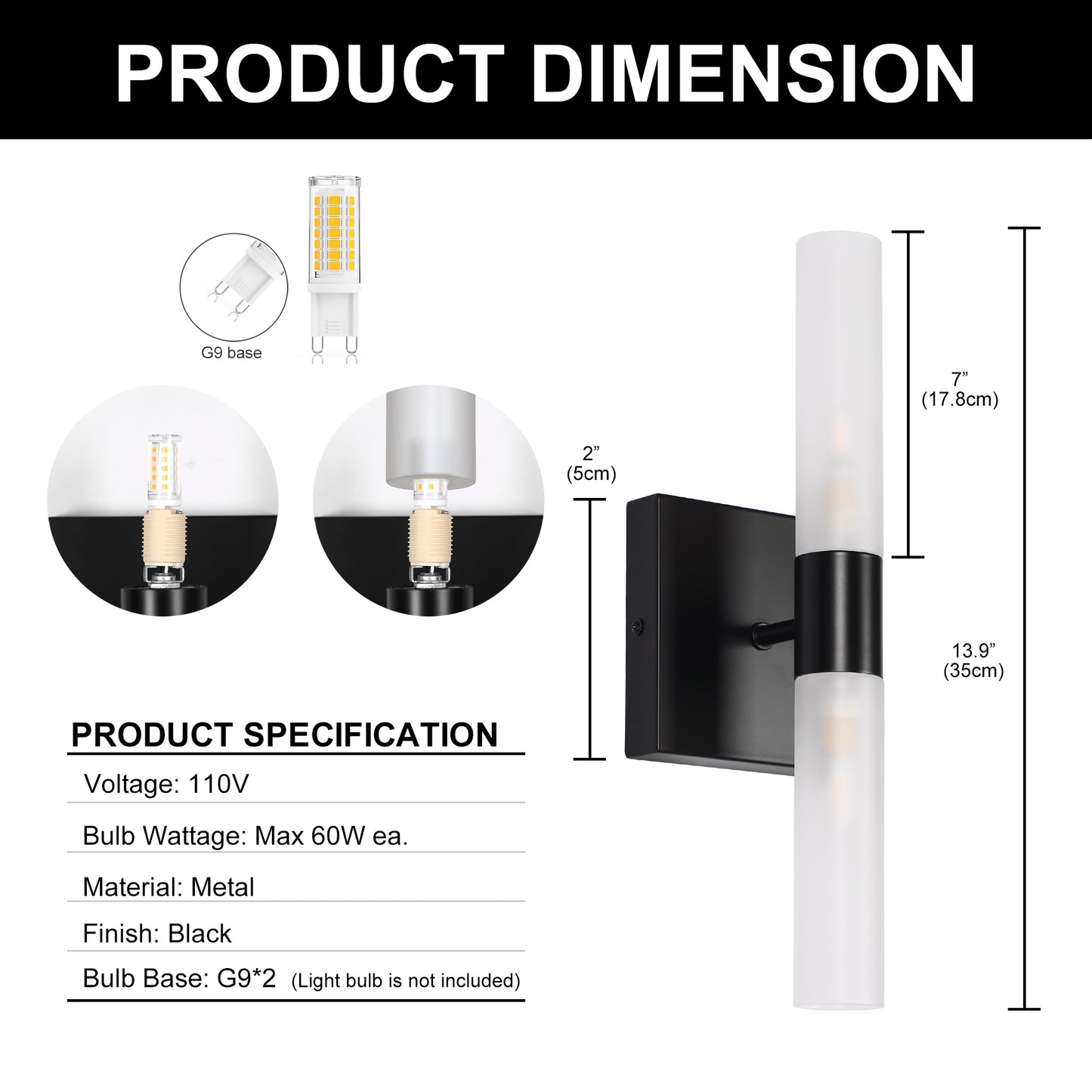 13.9in 2-Light Modern Indoor Wall Sconces with Frosted Glass perfect for bedroom, hallway, living room, bathroom, and study, Non-Integrated Light Source, G9 Socket, No Bulbs Included