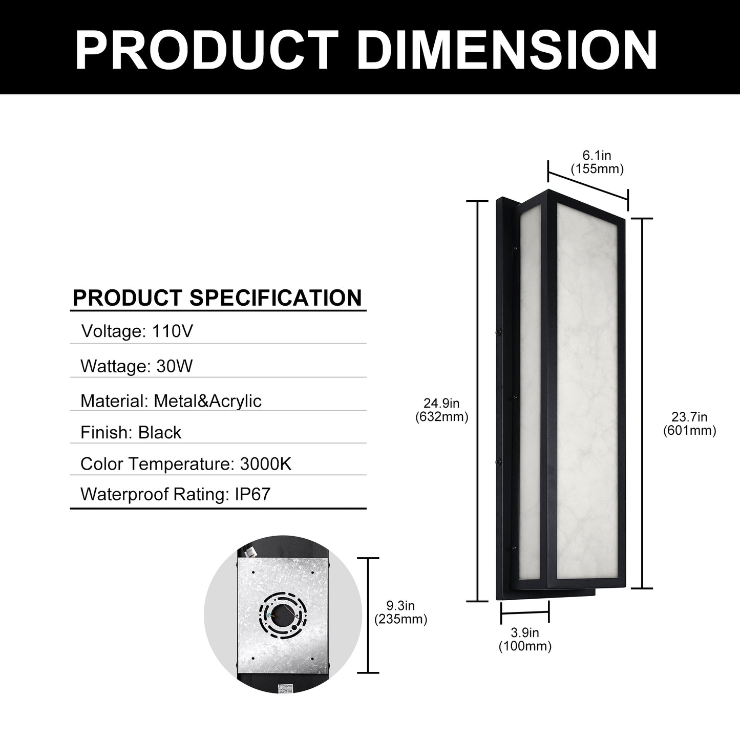 25 in. 30-Watt Black Outdoor Rectangle Hardwired Integrated LED Lantern Wall Sconce with Resin Shade 3000K Waterproof