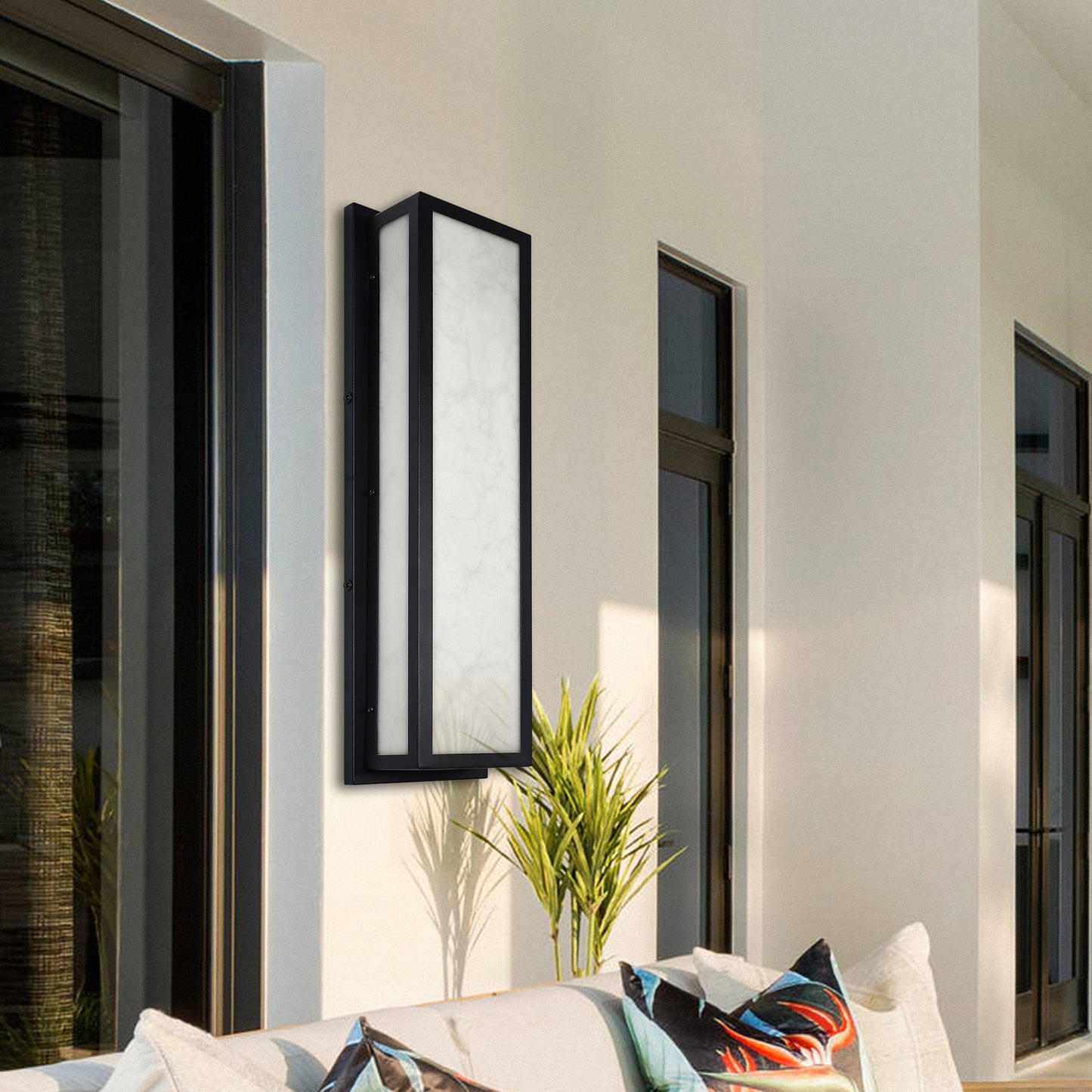 25 in. 30-Watt Black Outdoor Rectangle Hardwired Integrated LED Lantern Wall Sconce with Resin Shade 3000K Waterproof