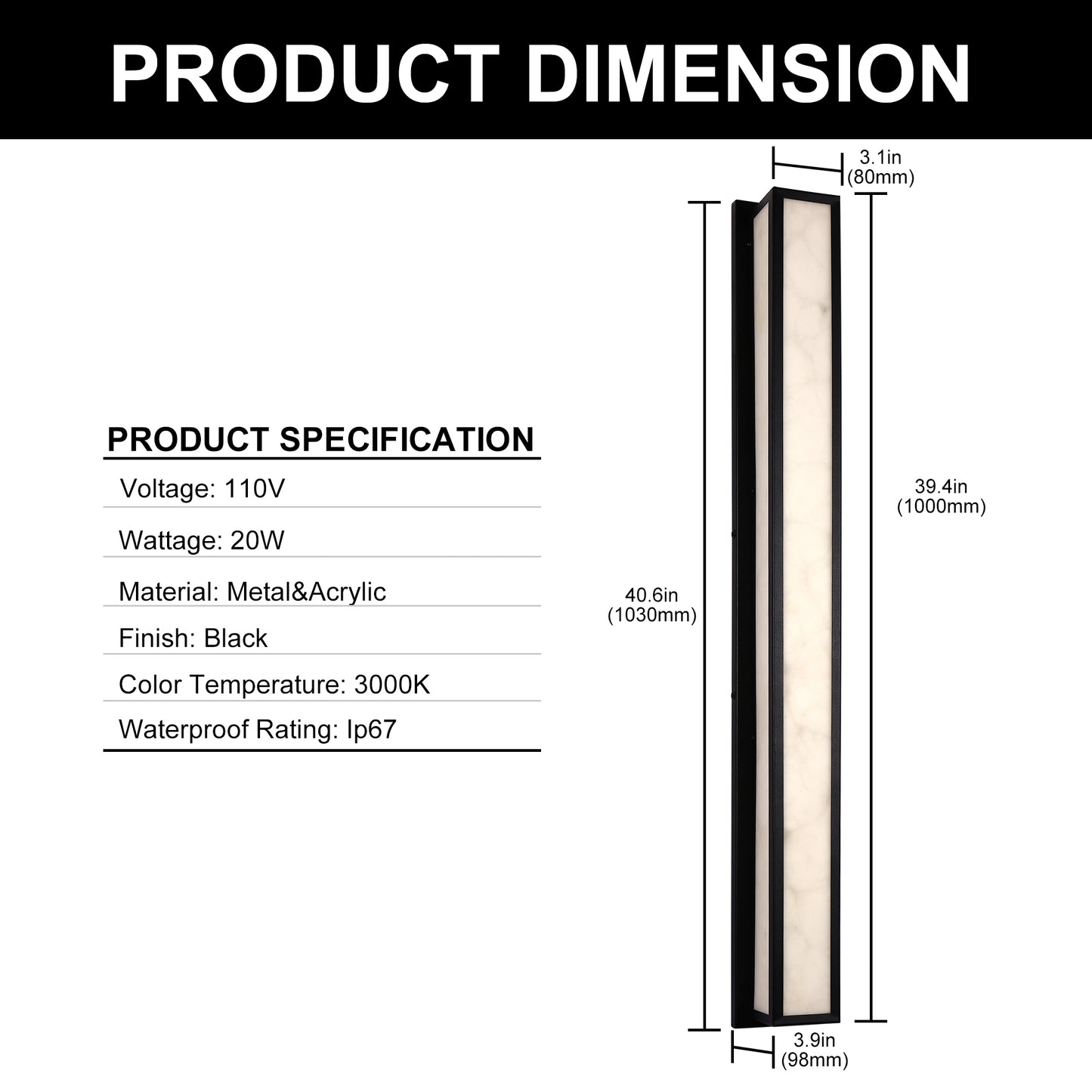 41 in. 30-Watt Black Outdoor Rectangle Hardwired Integrated LED Lantern Wall Sconce with Resin Shade 3000K Waterproof