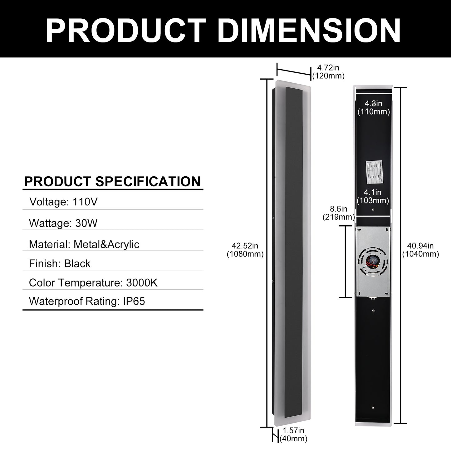 43 in. 30W 1-Light Matte Black Modern Integrated LED Outdoor Wall Light Waterproof Porch Light
