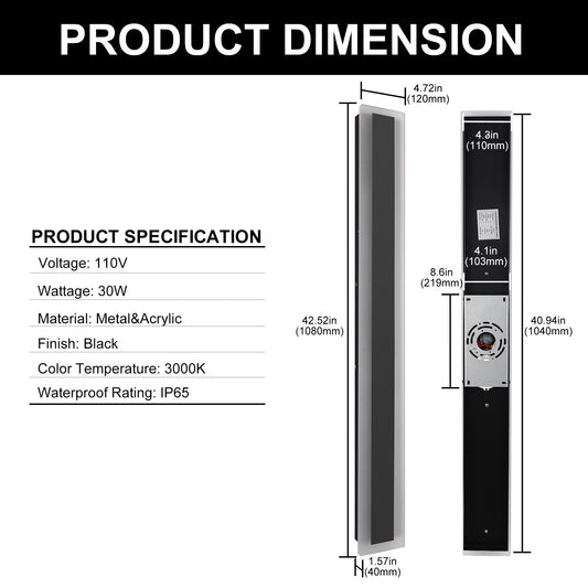 43 in. 30W 1-Light Matte Black Modern Integrated LED Outdoor Wall Light Waterproof Porch Light