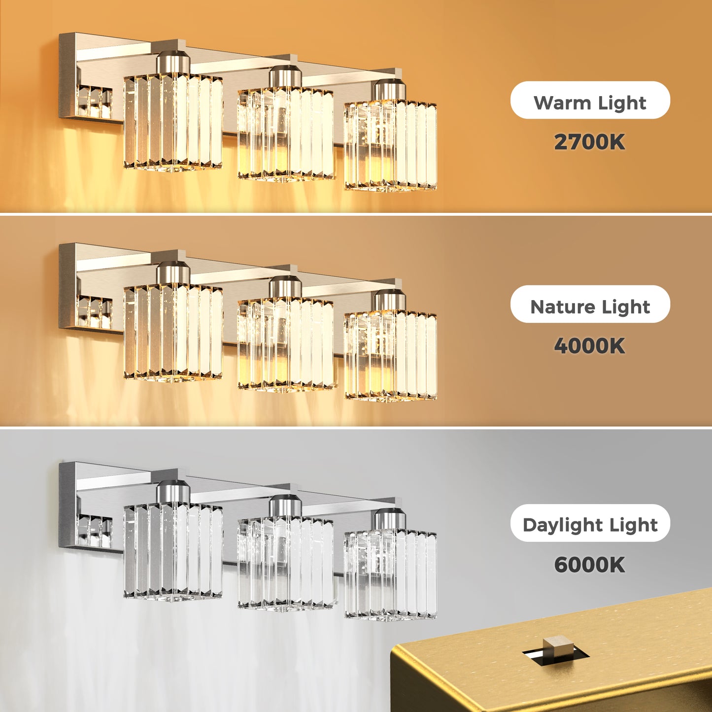 24 in. 3-Light Elegant Crystal Bathroom Integrated LED Vanity Light, Chrome Finish with Clear Glass Shades