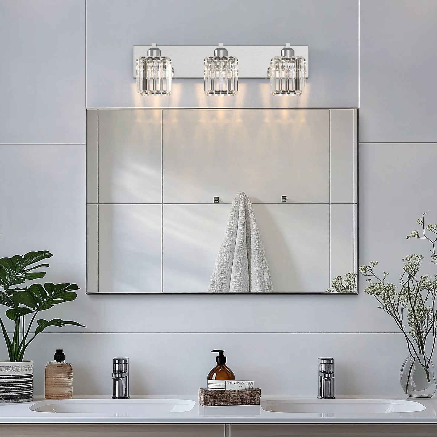 24 in. 3-Light Elegant Crystal Bathroom Integrated LED Vanity Light, Chrome Finish with Clear Glass Shades