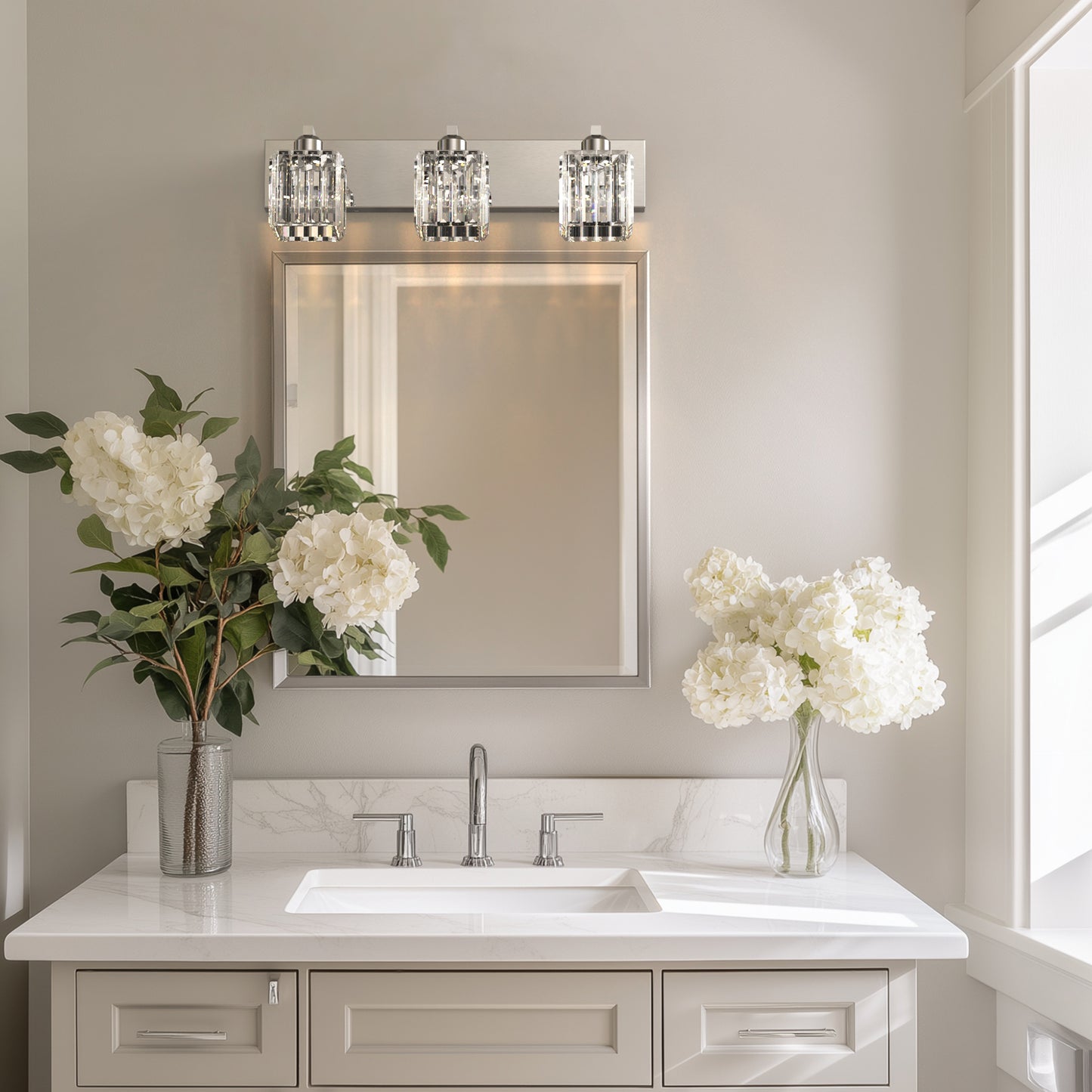 24 in. 3-Light Elegant Crystal Bathroom Integrated LED Vanity Light, Chrome Finish with Clear Glass Shades